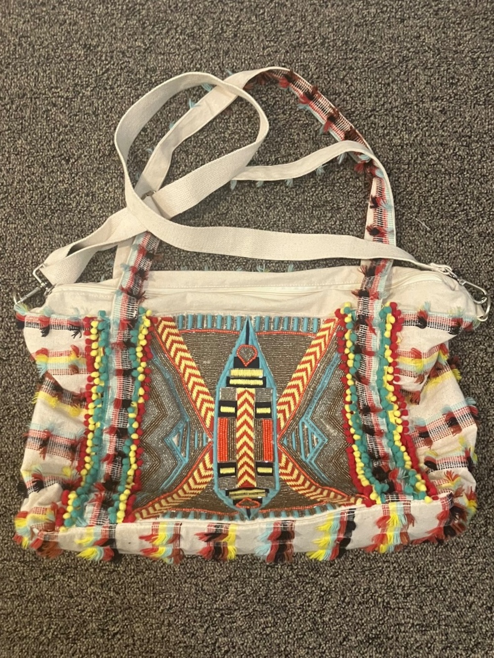 Anthropologie White Multicolor Embroidered Pom-Pom Hobo Bag with Aztec Panel
